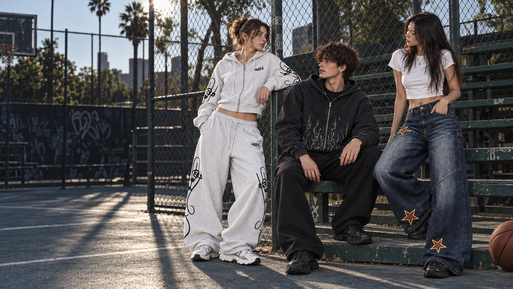 Three friends in music note sweats, a flame hoodie and star jeans hanging out beside a fenced basketball court
